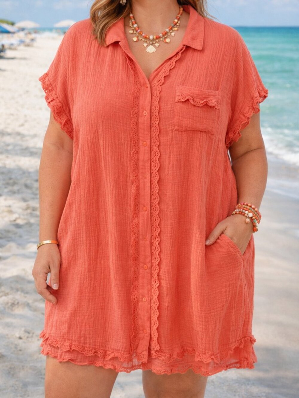 Umgee Coral Cotton Gauze Dress with Eyelet Lace Ruffle Trim - Large